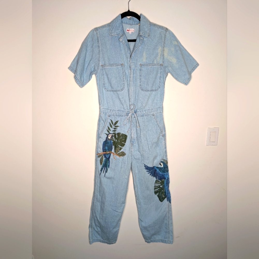 FARM Rio Light Blue Denim Jumpsuit with Parrot Print - Picture 3 of 8